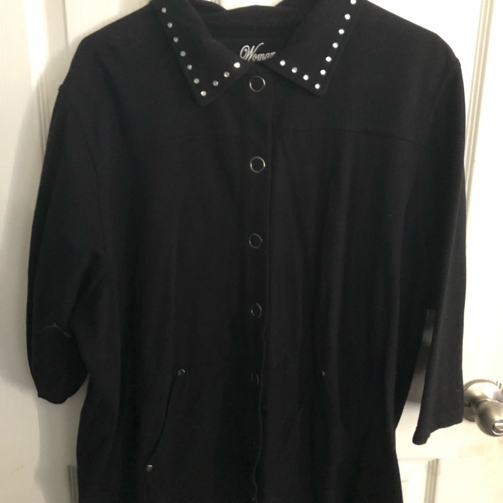 Onque Woman Black Studded Collar Button-Up Top